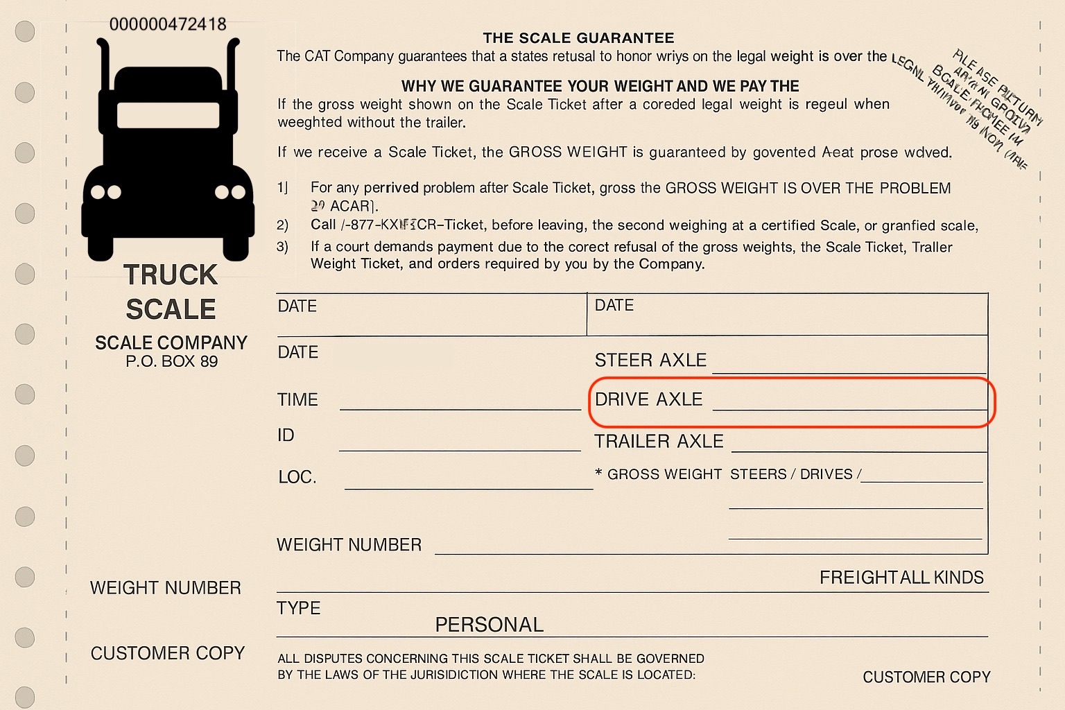 Example drive axle value on a scale ticket