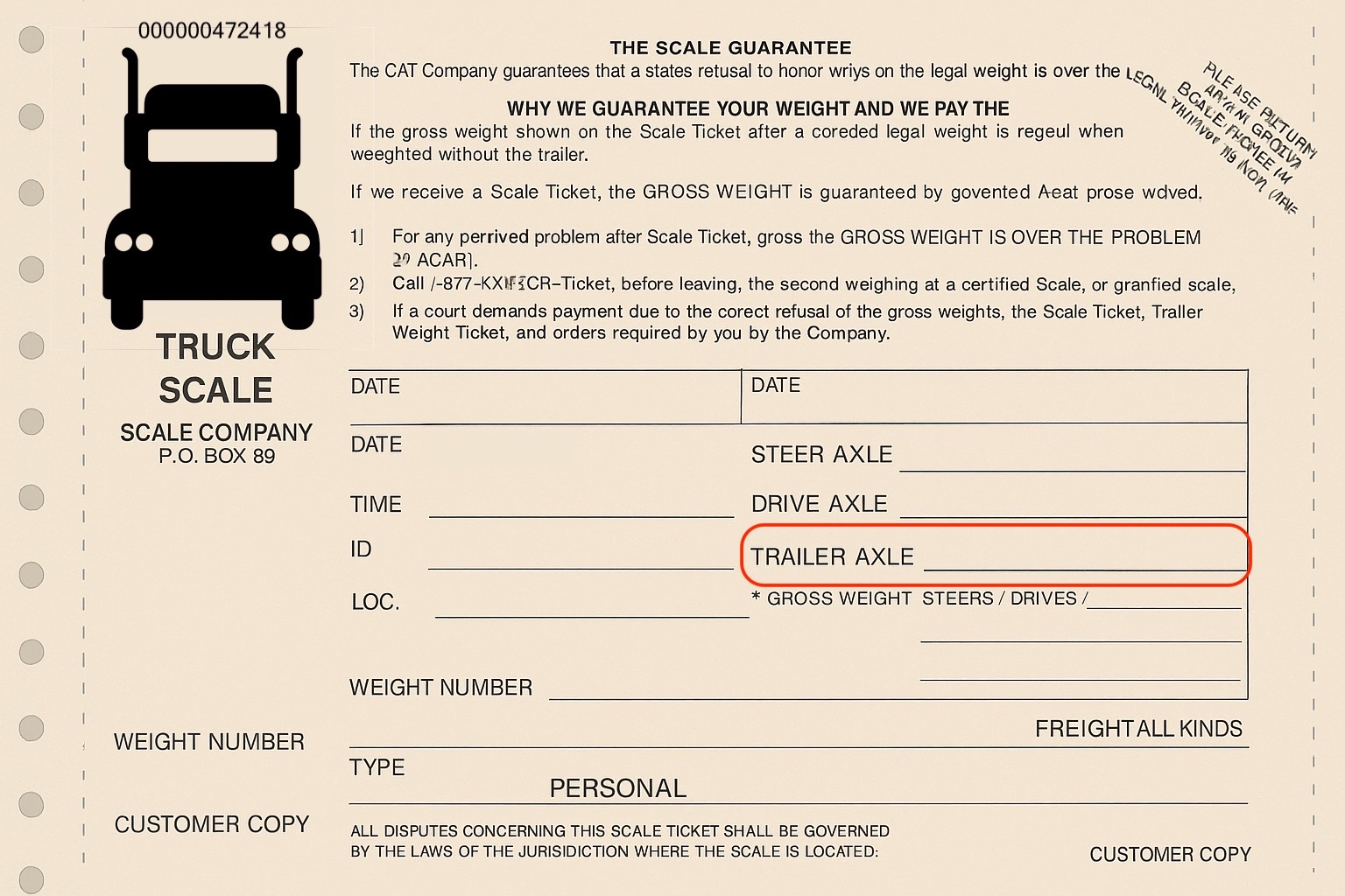 Example trailer axle value on a scale ticket