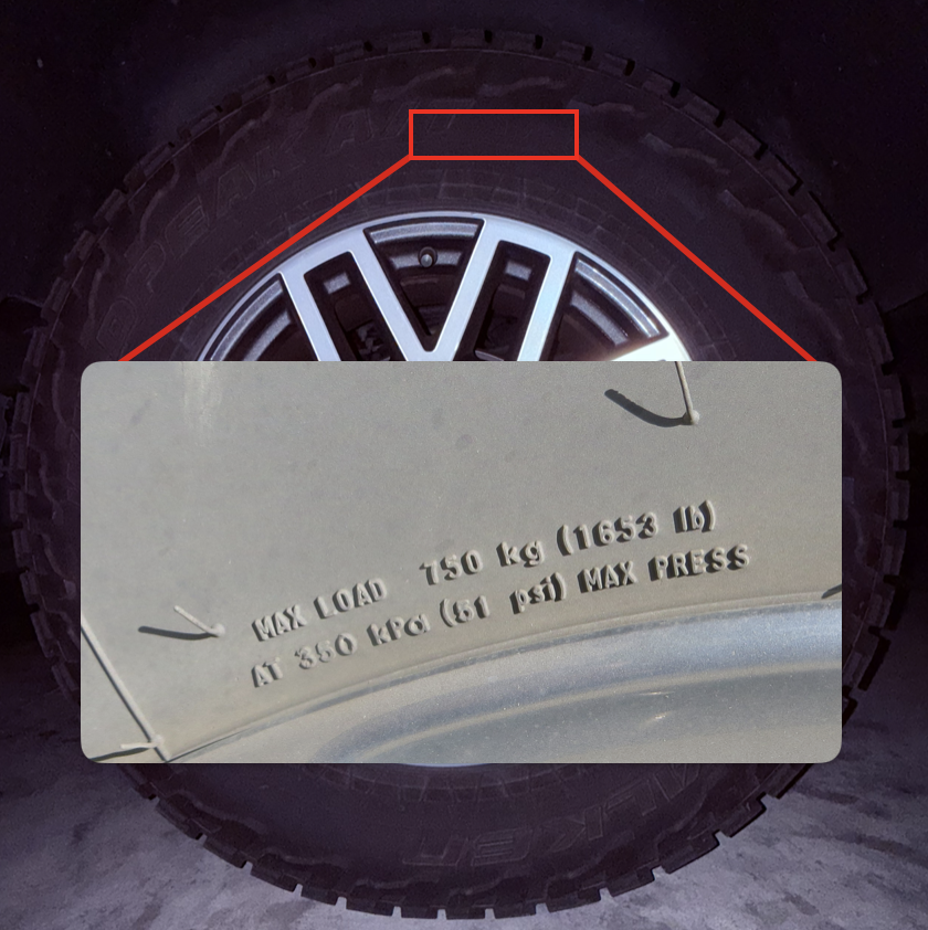 Example tire sidewall load rating